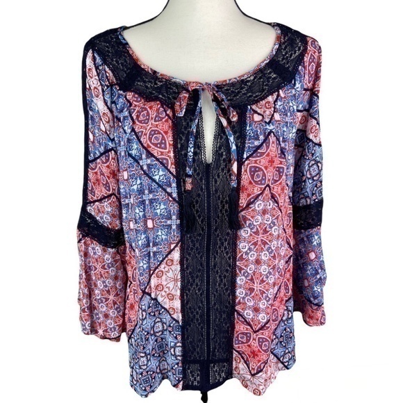 Jessica Simpson Blouse Top Bandana Alaya Sheer Lace Boho Peasant Top Size L - Picture 1 of 16